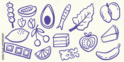 Italian style Healthy Food Doodles hand drawn vector illustrations in grunge chalk or charcoal rough doodle sketch style.