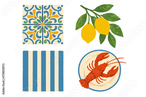 Summer Italy Amalfi coast vector illustration set. Mediterranean vacation symbols. Italian food poster with seafood lobster, lemon tree, and traditional majolica tile pattern.