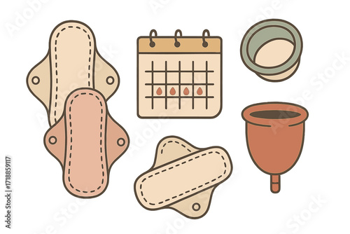 Zero waste period vector set. Reusable cloth pads, menstrual cup, diaphragm, and period tracker calendar. Eco-friendly feminine hygiene. Sustainable women's health icons.