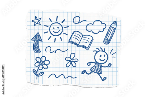Hand drawn childish doodles on torn checkered paper. Back to school concept with kid's scribbles of sun, book, pencil. Sketchy notebook drawing vector cartoon illustration.