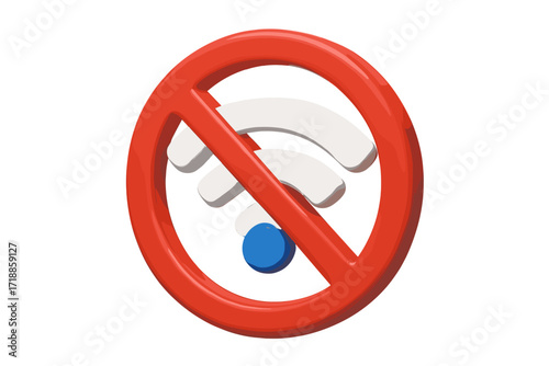 No wifi 3d icon. No internet connection symbol. Wireless signal forbidden sign. Disconnected network error concept. Offline access problem. Render vector illustration isolated.