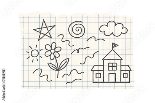 Hand-drawn kid's doodle on torn checkered notebook paper. Back to school concept with scribble sketch of a school, sun, flower, and star. Childhood drawing on ripped grid paper.