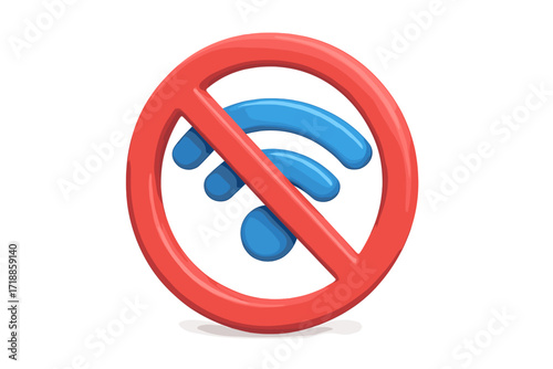 No wireless connection 3d icon. Wifi signal forbidden. Internet access unavailable. Network sharing blocked. No wi-fi hotspot. Vector illustration isolated on white background.