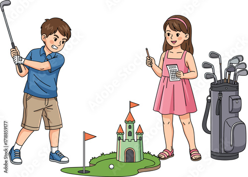Cartoon children playing mini golf, boy swinging club, girl keeping score, fun castle obstacle, colorful outdoor game, family recreation activity