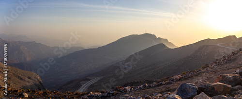 Panoramic View of Winding Mountain Road at Sunset, Al Jebel Al Jais, Ras Al Khaimah, UAE