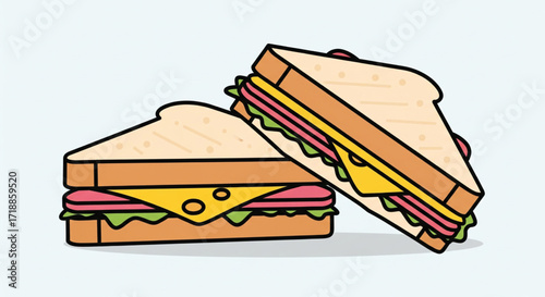 Two appetizing sandwiches, layered with cheese, meat, and lettuce, presented in a simple, stylized illustration.