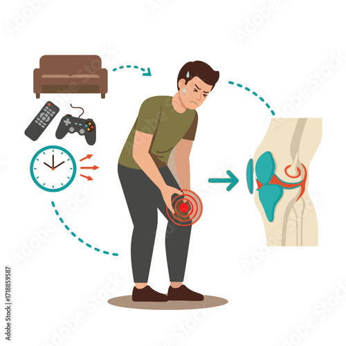 Man experiencing knee pain after inactivity, showing discomfort and limited mobility, perfect for health and wellness campaigns about joint health and aging