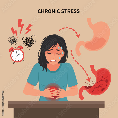 Worried woman experiencing chronic stress and stomach pain, illustrating the impact of mental health on digestive health and wellness.