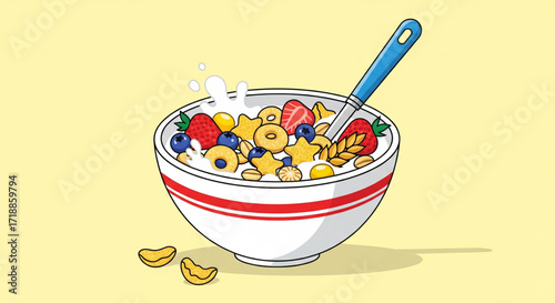 Cartoon illustration of a bowl of cereal with milk, fruit, and a spoon, on a yellow background.