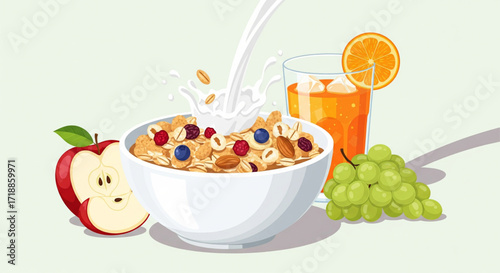 Healthy breakfast scene with cereal, milk, juice, and fruit.
