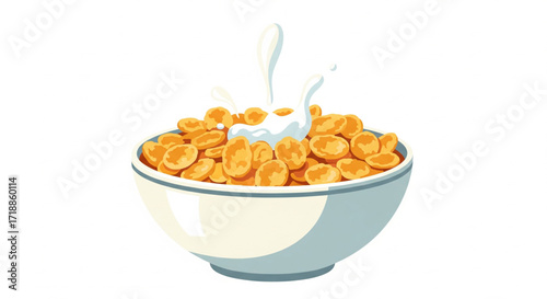A bowl of cornflakes with milk splashing into it, a breakfast cereal scene.