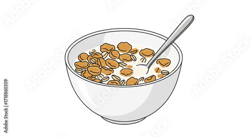 A white bowl filled with cereal and milk, accompanied by a silver spoon.