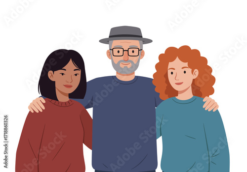 A man in a hat stands with two women each arm around their shoulders