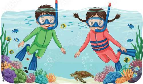 Children snorkeling underwater with colorful tropical fish, coral reef, sea turtle, marine life adventure, scuba diving vacation, ocean wildlife exploration photography
