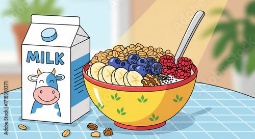 Cartoon illustration of a breakfast bowl with cereal, fruit, and a carton of milk on a table.