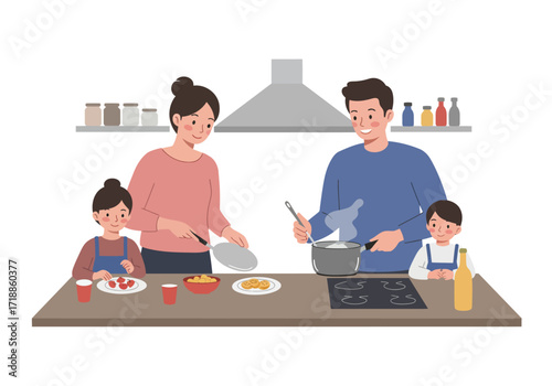 A family prepares food at a kitchen island with two children present