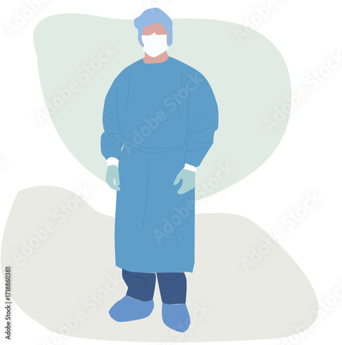 the doctor is wearing a surgical gown.male doctor surgeon wearing surgical gloves mask and green gown medicine healthcare