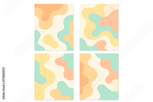 Abstract liquid shapes set. Fluid juicy illustration in pastel colors. Minimal style cover template for summer. Vintage vector packaging layout with geometric wavy art.