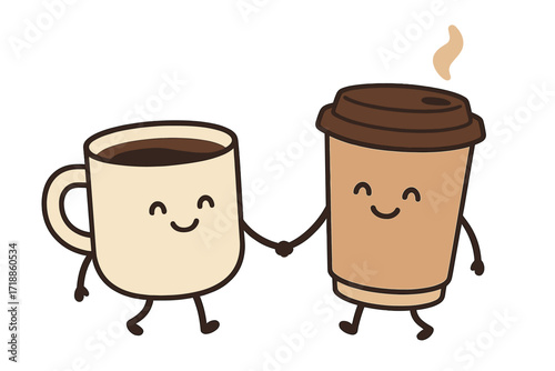 Two cute coffee cup characters holding hands. Takeaway coffee mug and cup couple. Vector cartoon for cafe menu or print. Happy smiling drink mascots walking together. To go concept.