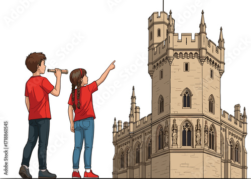 Children observing historic gothic castle, telescope view, pointing at spire, ornate architecture, medieval landmark, tourism, travel concept, heritage building, sightseeing scene