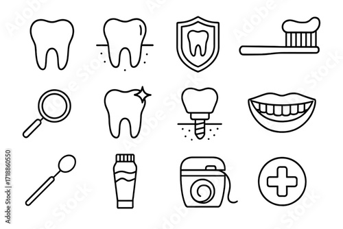 Dentistry line icon set. Stomatology and oral hygiene symbols. Tooth collection, dental implant, toothbrush, floss, toothpaste. Vector icons for clinic, web, app. Health care.