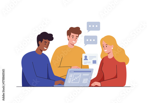 Three animated people around a laptop with icons of chat and a profile