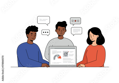 Three people discuss data on a laptop with speech bubbles above them indicating a conversation
