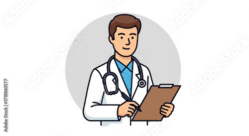 Smiling doctor in white coat holding clipboard with pen, ready to examine patient.