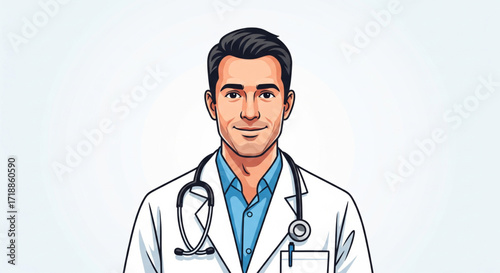 Portrait of a smiling male doctor, wearing a white coat and stethoscope.