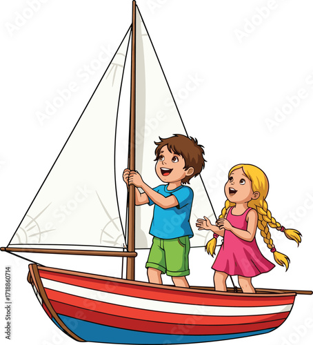 Children sailing boat, summer adventure, nautical lifestyle, happy kids, outdoor activity, maritime fun, teamwork, ocean breeze, playful moment, childhood joy