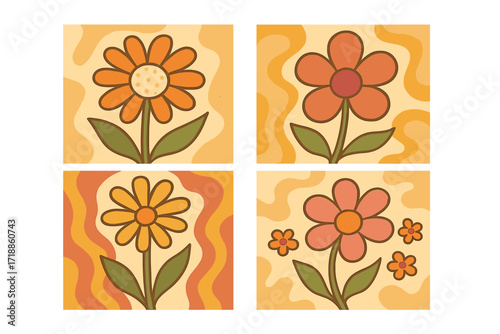 Groovy floral posters set with 70s retro flowers. Vintage psychedelic art collection for cards. Naive hand drawn flat vector cartoon illustration with hippie flower power.