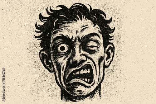 Angry distorted face. Concept of madness, pain, stress, and mental disorder. Retro grunge vector illustration with photocopy noise texture. Brutalism, anti-design style.