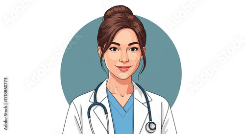 A professional female doctor with a stethoscope, smiling, set against a blue circle background.