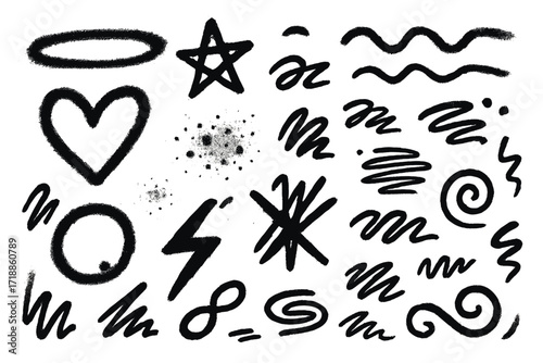 Urban sprayed graffiti doodle shapes collection. Hand drawn abstract scribbles, punk and grunge icons. Creative set with stars, hearts, lightning. Street art aerosol elements.