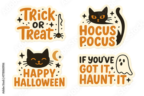 Halloween quotes lettering stickers set. Trendy sayings with black cat, ghost, spider. Spooky printable template for festive design. Vector flat hand drawn illustration.
