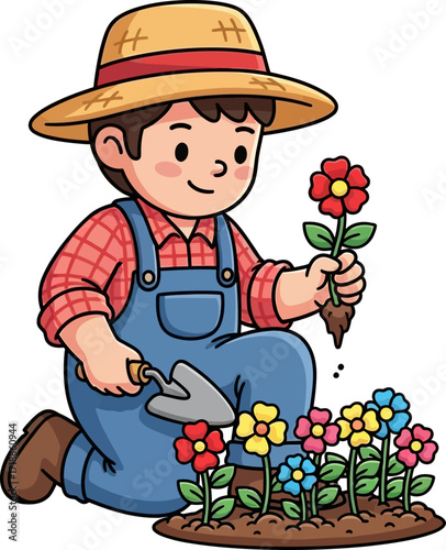 young gardeners joy a colorful cartoon of spring planting, isolated on transparent background