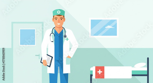 Smiling doctor in a hospital room, holding a clipboard, ready to assist.