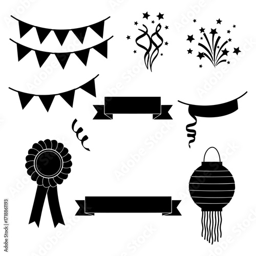 Set of black silhouette celebration and festive party elements including bunting, banners, and fireworks