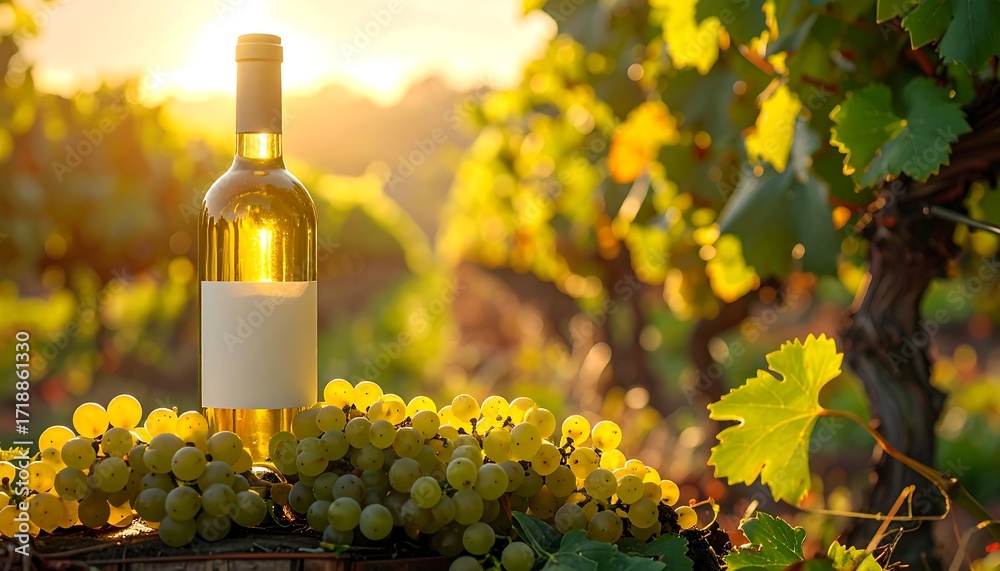 Fototapeta premium Golden hour illuminates a wine bottle and grapes in a vineyard
