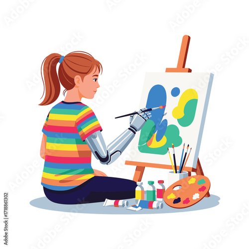 Vector Flat Illustration of a Girl with a Robotic Arm Painting on an Easel