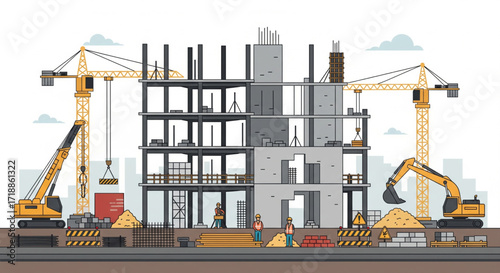 Construction site illustration with cranes, workers, and a building under construction.