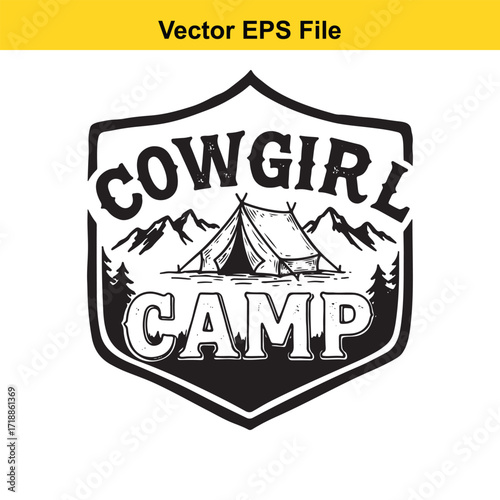 Vector art of cowgirl camp emblem with tent and mountain landscape