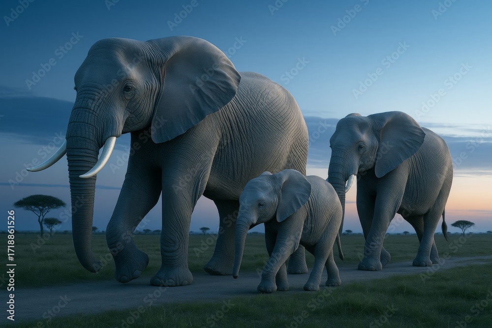 Fototapeta premium Majestic elephant family walking at dusk across grassy savanna path under a dramatic twilight sky with soft background light and serene mood. Ai generative