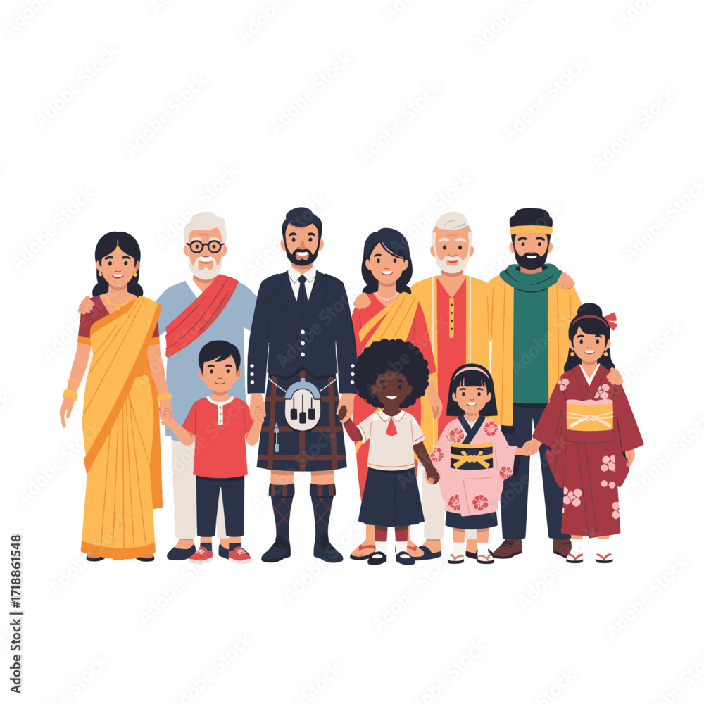 Fototapeta premium A diverse multicultural group of people in traditional national costumes standing together, a Vector Flat illustration of community and unity