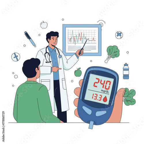 Vector Flat Health Consultation Doctor and Patient Discussing Diabetes Management, Blood Sugar Monitoring, and Nutrition for a Healthy Lifestyle. Medical Care Concept