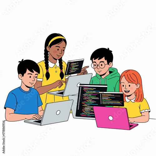Four diverse children learning to code together on laptops, showing collaboration and education in technology.
