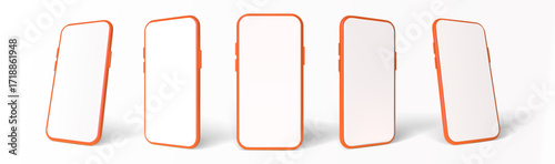 Realistic 3d orange smartphone mockup. Modern mobile phone with blank screen. Vector template for app design, advertising, ecommerce, technology presentation