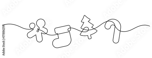 christmas cute ornament one line drawing continuous decoration graphic. gingerbread sock pinaceae and candy cane icon symbol element minimalist art thin line illustration