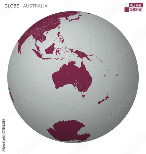 Vector Globe centered to Australia. Pale Mint Dark Pink palette. World map with meridians, parallels, countries, rivers and lakes. Awesome vector illustration.