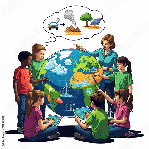 Children and teacher learning about environmental issues and sustainability around a globe, with thought bubble showing pollution and green energy.